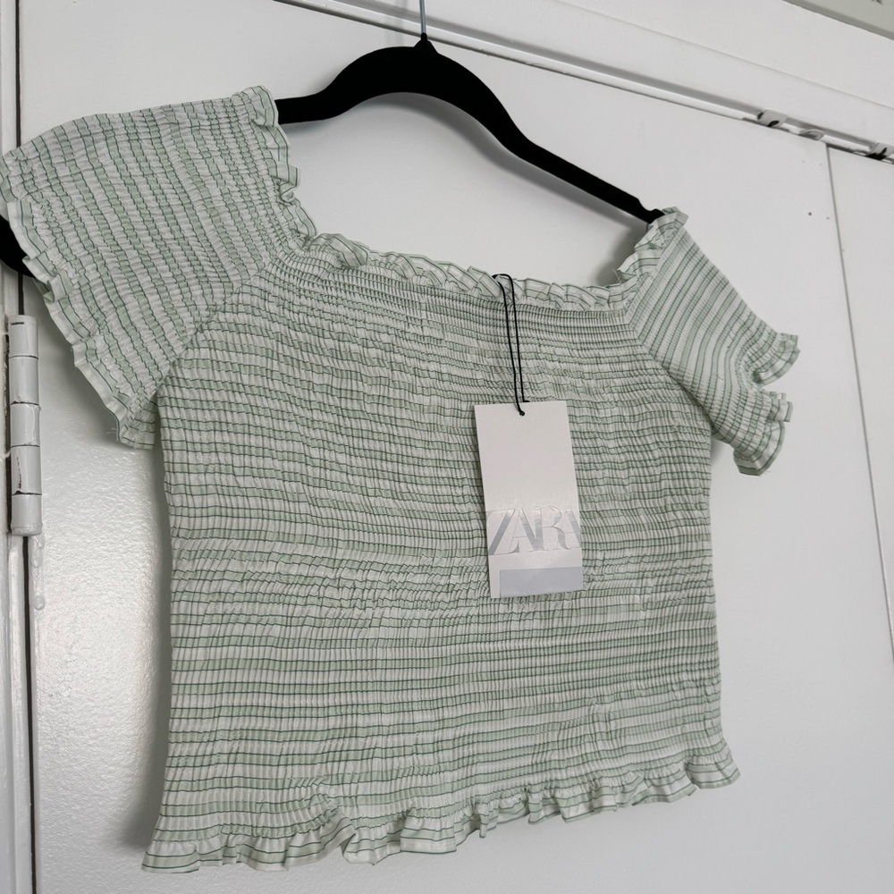NWT Zara green and white fitted smocked crop top size large - Picture 3 of 5